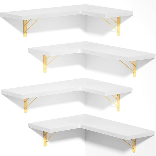 Love-KANKEI Corner Shelf Wall Mounted,Floating Wall Shelves for Storage,Rustic Wood Hanging Shelves for Display,Bedroom Bathroom Living Room Kitchen,Set of 4,White