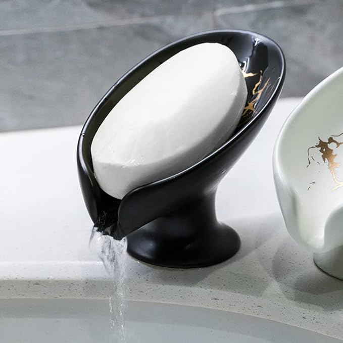Leaf-Shape Ceramic Soap Dish, Gold Marble Pattern, Easy to Clean, Self Draining Soap Holder, Keeps Soap Dry (White)