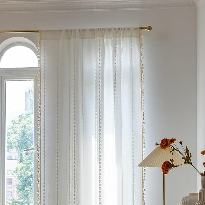 Sutuo Home Boho Curtains 72 Inches Length for Bedroom Living Room,Country Farmhouse Vintage Shabby Chic Tassels Window Treatment Bohemian Embroidery Drape, Rod Pocket 1 Panel 52" W x 72" L, White