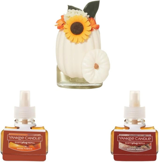 Yankee Candle Fall Fireside Blend Variety Pack - Scent Plug Diffuser Pumpkin Arrangement with Light Sensor, Scent Plug Refill Spiced Pumpkin and Autumn Wreath Variety Pack
