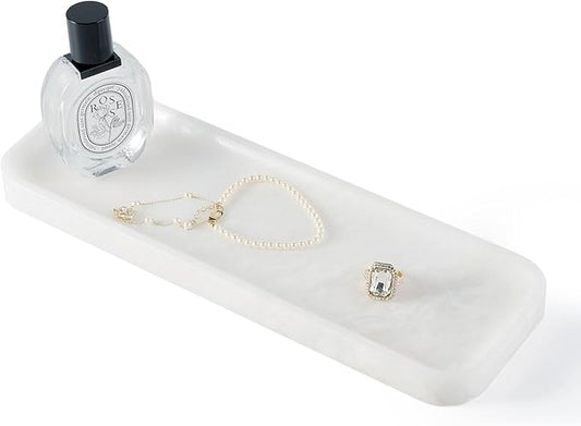Koville Marble Tray for Bathroom Sink, 12"x4" Natural Stone Vanity Tray for Kitchen Dresser Countertop, Rectangular Decorative Marble Trays for Jewelry Perfume Trinket(White)
