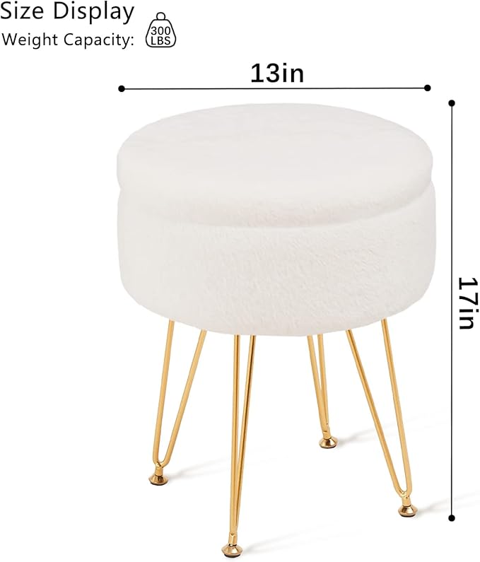 Cplxroc Footrest Footstools Round Faux Fur Ottoman with Storage Space Soft Vanity Chair Seat Coffee Table Ottoman Small Side Table Metal Legs with Adjustable Footings (Cream)