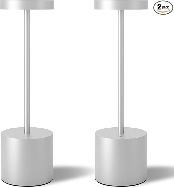 Cordless Table Lamps Set of 2, 5000mAh Rechargeable Battery Powered Lamp, 3 Color Stepless Dimming LED Table Lamp, Portable Table Light for Outdoor/Indoor/Restaurant/Home. (Silver)