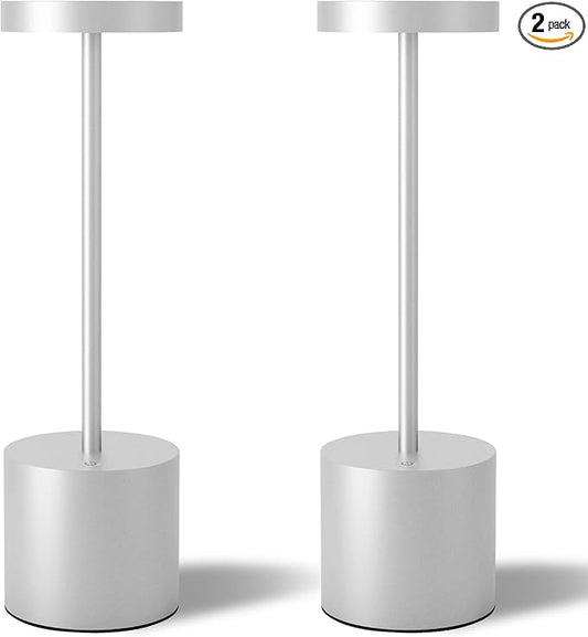 Cordless Table Lamps Set of 2, 5000mAh Rechargeable Battery Powered Lamp, 3 Color Stepless Dimming LED Table Lamp, Portable Table Light for Outdoor/Indoor/Restaurant/Home. (Silver)