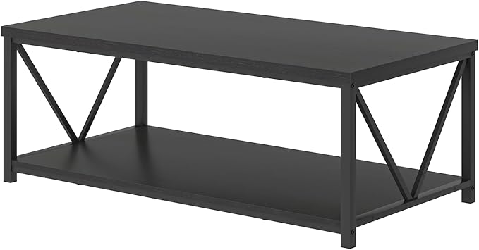 EXCEFUR Black Coffee Table, Modern Wood and Metal Living Room Table with Storage Shelf, 47 Inch