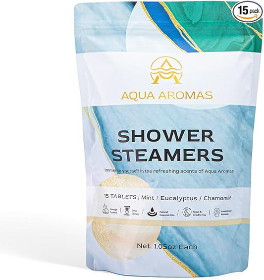 Shower Steamers - Aromatherapy Variety Shower Bombs, 15 Count - Eucalyptus, Chamomile, and Mint Essential Oils for Relaxation & Invigoration - Spa-Like Experience, White