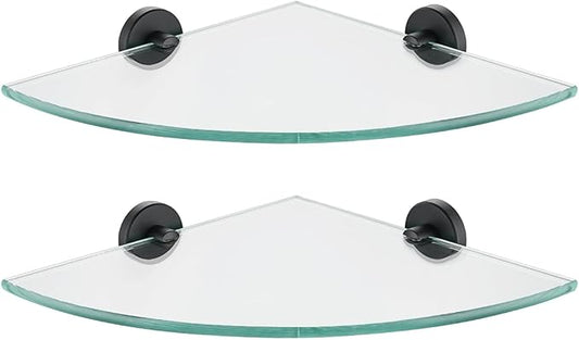 JQK Corner Glass Shelf Black, Bathroom 304 Stainless Steel Shower Triangle Floating Wall Shelf, 10 x 10 Tempered Glass, 2 Pack, TGS190L10-PB-P2