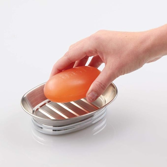 iDesign York Metal Soap Saver, Holder Tray for Bathroom Counter, Shower, Kitchen, 4" x 5.5" x 1.5", Brushed Stainless Steel