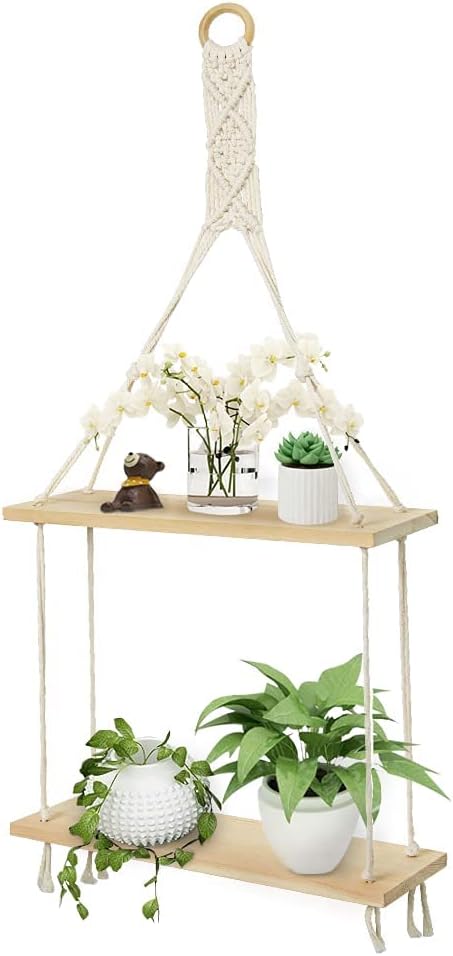 Afuly Macrame Wall Hanging Shelf Boho Floating Shelves Cotton Rope Rustic Home Decor 2 Tiers Plant Hanger Photo Display Tissue Towel Storage Organizer for Living Room Bedroom Bathroom Hallway, Beige
