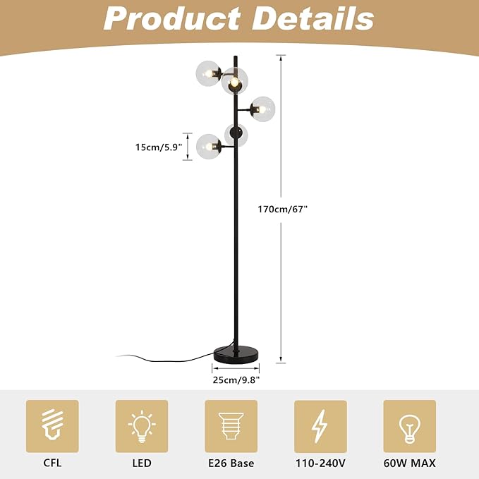KCO Lighting 5 Light Globe Floor Lamp - Black Tall Mid Century Modern Contemporary Standing Lamp for Living Room, Bedrooms, Office
