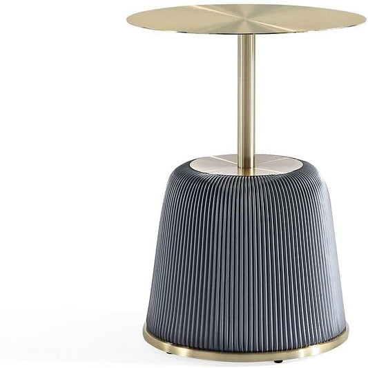 Manhattan Comfort Anderson Modern 15.75" Round End Tables 1.0 - Elegant Leatherette Upholstered Base with Pleated Design & Gold Steel Tabletop, Fully Assembled Accent Furniture, Set of 1, Grey