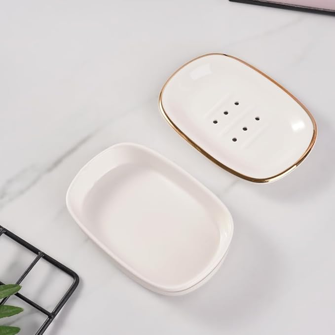 Self Draining Soap Dish, Double-Layer Bar Soap Tray, White Ceramic Soap Dish with Elegant Patterns (White with Gold Line)