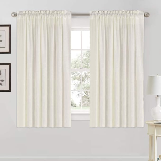 PrinceDeco Linen Curtains 63 inches Long for Bedroom Rod Pocket Curtains Modern Farmhouse Coastal Decor Elegant & Casual Curtains for Dining Room Office, 2 Panel Set,Ivory