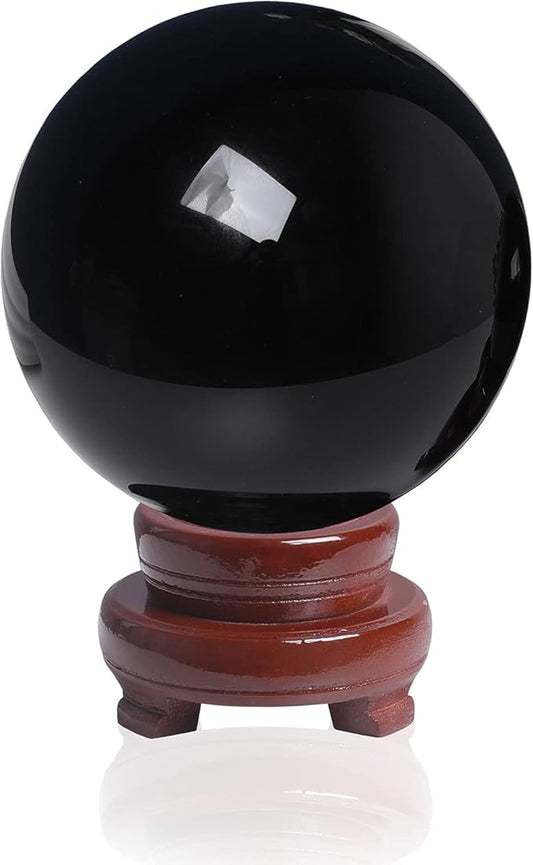 LONGWIN 120mm (4.7 in) Divination Black Crystal Ball Fengshui Sphere Home Decorations Meditation Ornaments with Rotating Wooden Stand