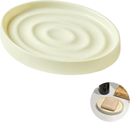 Ceramic Soap Dish Creamy Yellow Modern Soap Bar Holder Porcelain Solid Chic Trays Saver for Shower Bathroom Tub Razor Kitchen Keep Soap Bars Dry, Easy to Clean, 4.92" L x 3.74" W