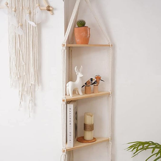 Macrame Wall Hanging Shelf Tassel Woven Macramé Shelves,Boho Wall Hanging Shelves for Small Plants Photo Frames,Home Living Room Bedroom Balcony Decor (3T)