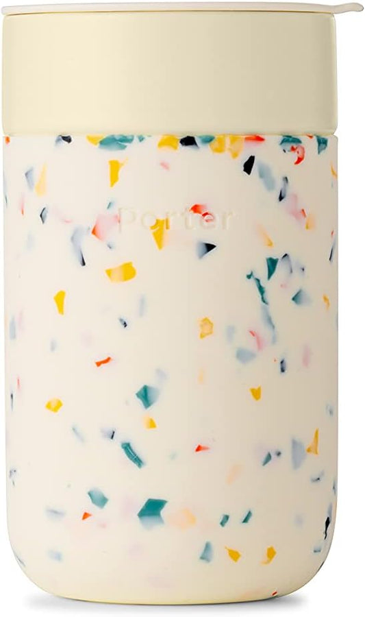 W&P Porter Travel Protective Silicone Sleeve, 16 Ounce Terrazzo Cream, Reusable Cup for Coffee or Tea, Portable Ceramic Mug with BPA-Free Press-Fit Lid, Dishwasher Safe, On-The-Go