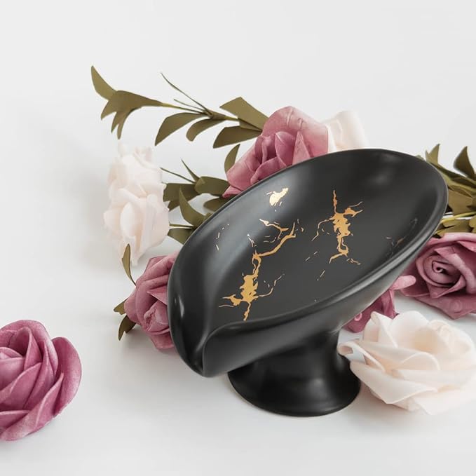 Leaf-Shape Ceramic Soap Dish, Gold Marble Pattern, Easy to Clean, Self Draining Soap Holder, Keeps Soap Dry (Black)