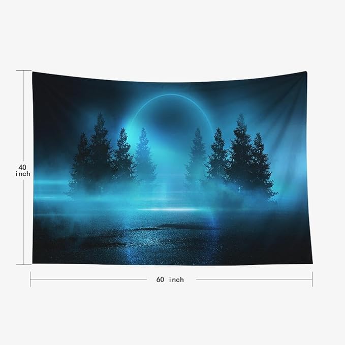 EMMTEEY Moon Tapestry - Moonlight Shine Dark Natural Scene with Reflection in Water - Neon Blue Tree - 60x40 - Dorm Tapestry