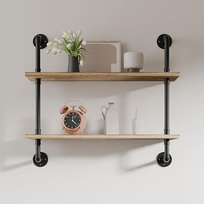 2 Tier Industrial Wall Shelves,32 inch Industrial Pipe Shelf with Solid Wood Plank,Kitchen Shelves Wall for Farmhouse,Wall Mounted Pipe Shelving for Bathroom