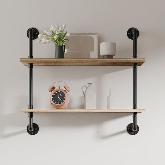 2 Tier Industrial Wall Shelves,32 inch Industrial Pipe Shelf with Solid Wood Plank,Kitchen Shelves Wall for Farmhouse,Wall Mounted Pipe Shelving for Bathroom