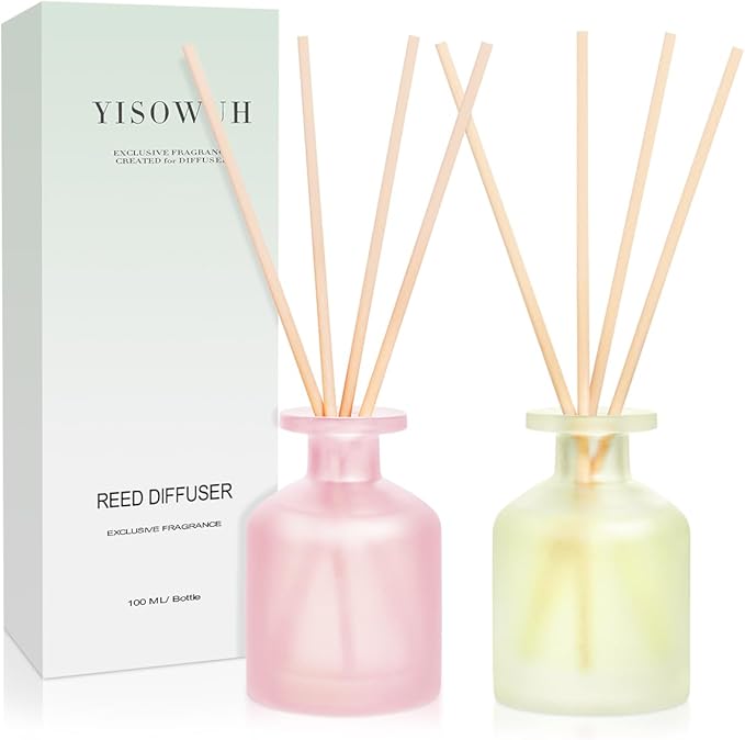 Reed Diffuser - Jasmine Green Tea & Ebony Rose 3.38oz (100ml) 2 Packs Essential Oil Reed Diffuser Set with 16 Sticks, Long Lasting Fragrance for Home, Bathroom, Bedroom, Room, Decor