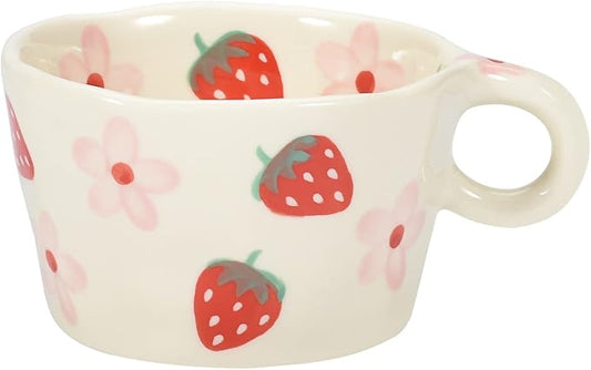 Koythin Ceramic Coffee Mug, Cute Creative Hand Printed Mug Design for Office and Home, 6.5 oz/200 ml for Latte Tea Milk (Strawberries and Flowers)