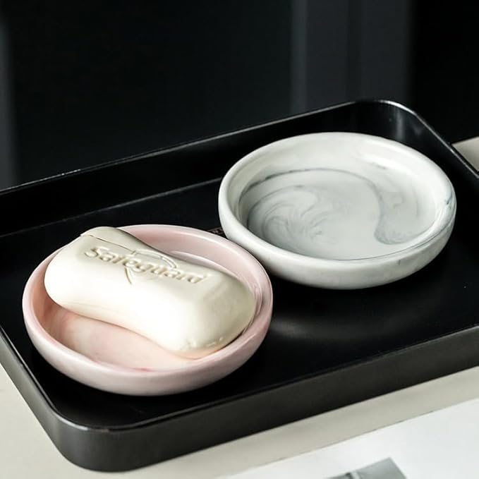 Round Marble Soap Tray, Small Ceramic Soap Dish, Cute Women Trinket Plate (Grey)