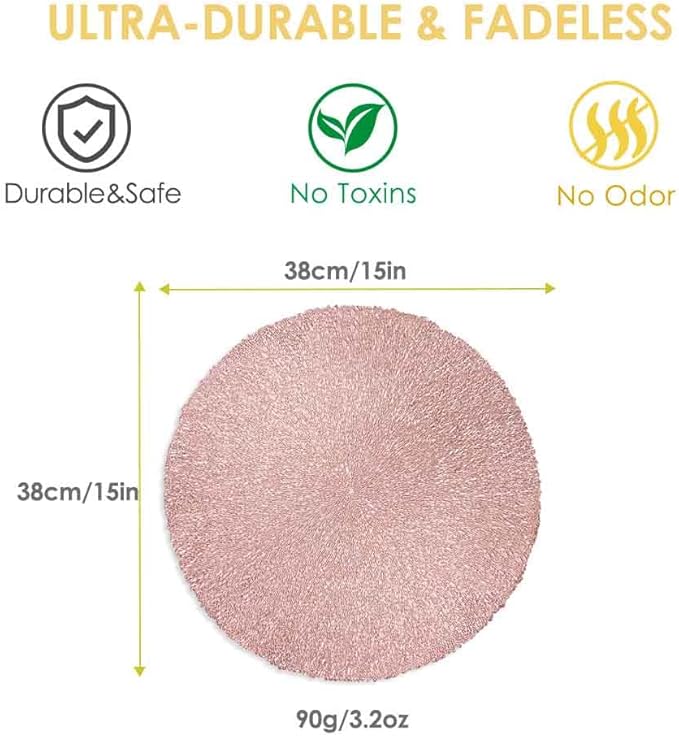 GIVERARE Placemats Set of 4, Round Heat-Resistant Vinyl Placemat, 15 inch Non-Slip Washable PVC Table Mat, Easy to Clean Premium Plastic Mats for Dining, Kitchen Table (Bright Pink)