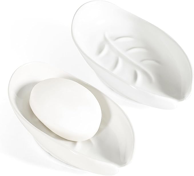 Soap Holder, Self Draining Soap Dishes 2PCS, Leaf Shape Ceramic Bar Soap Holder Drain Soap Dishes for Bathroom Sink Kitchen, Easy to Clean Keeps Soap Dry, White, ANTIS'S HOME