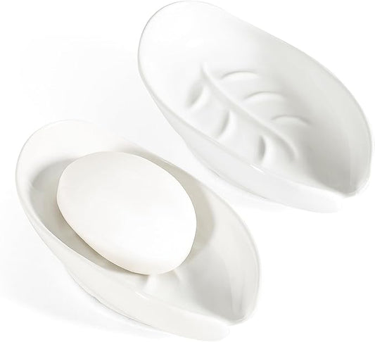 Soap Holder, Self Draining Soap Dishes 2PCS, Leaf Shape Ceramic Bar Soap Holder Drain Soap Dishes for Bathroom Sink Kitchen, Easy to Clean Keeps Soap Dry, White, ANTIS'S HOME