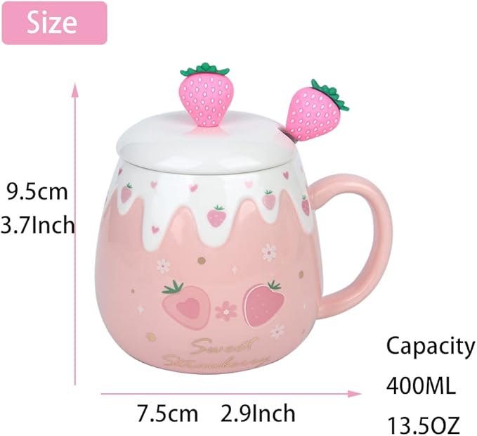 Pink Mug,Cute Strawberry Cup with Lid,Spoon and Coaster,Ceramic Coffee Mug, Kawaii Cup for Tea Milk,Women Girls Student Korean Style 450ML Christmas Birthday Gift