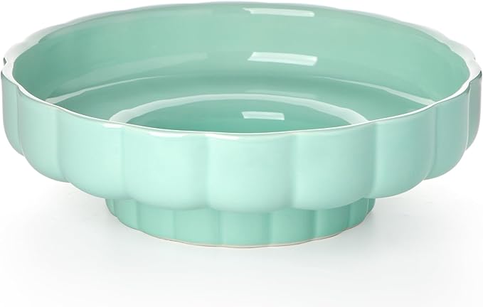 Nucookery Ceramic Petal Fruit Bowl for Kitchen Counter, 11 Inch Modern Decorative Bowl, Elegant Fruit & Vegetable Storage Container, Large Bread Basket, Mint Green
