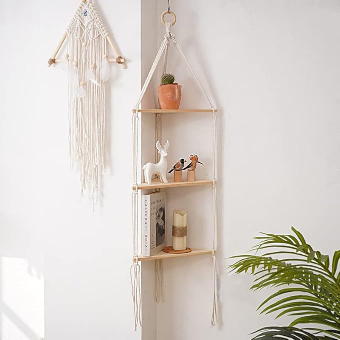 Macrame Wall Hanging Shelf Tassel Woven Macramé Shelves,Boho Wall Hanging Shelves for Small Plants Photo Frames,Home Living Room Bedroom Balcony Decor (3T)