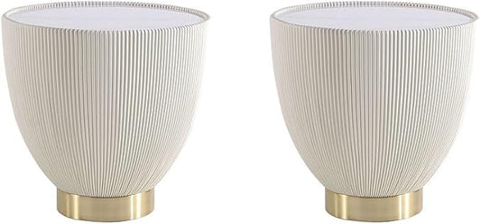 Manhattan Comfort Anderson Modern 18" Round End Table 2.0 | Ceramic Marble Tabletop, Elegant Pleated Leatherette Design & Gold Stainless Steel Base, Fully Assembled Accent Furniture, Set of 2, Cream