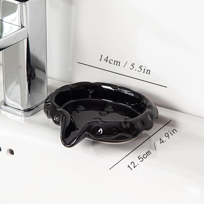 Ceramic Soap Dishes with Drain Spout, Modern Bathroom Countertop Soap Holder, Porcelain Soap Tray for Sink, Black.