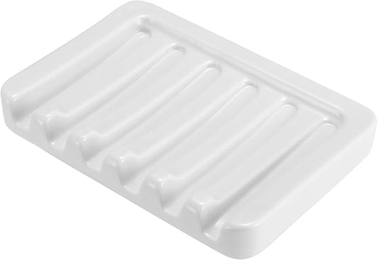 Self Draining Soap Dish, Ceramic Soap Holder for Shower, Vonpri Waterfall Bar Soap Case Saver Tray Sponge Organizer Keep Dry for Bathroom Kitchen Counter Sink (1, White)