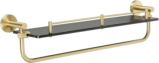 Alise Bathroom Shelves Glass Shelf with Bar,Wall Mount Floating Shelves for Bathroom,Tempered Glass Rack Holder Storage Organizer,GDL8600-GB SUS 304 Stainless Steel Gold and Black Finish