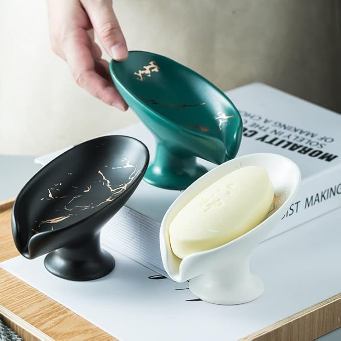 Leaf-Shape Ceramic Soap Dish, Gold Marble Pattern, Easy to Clean, Self Draining Soap Holder, Keeps Soap Dry (Green)