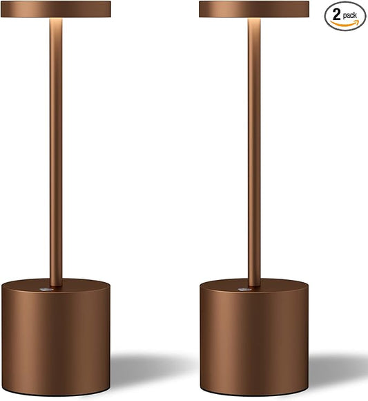 2 Pack Cordless Table Lamps, 5000mAh Rechargeable Battery Powered Lamp, Portable 3 Color Stepless Dimming Desk Lamp, Metal LED Table Light for Outdoor/Patio/Restaurant/Bedroom/Home. (Brown)