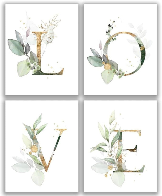 Love Botanical Simple Life Green Leaf Painting Bathroom Wall Decor Art Print Set of 4(8”X10”), Boho Leaf Eucalyptus Wall Décor, Watercolor Modern Bohemia Botanical Floral Leaves Kitchen Plant