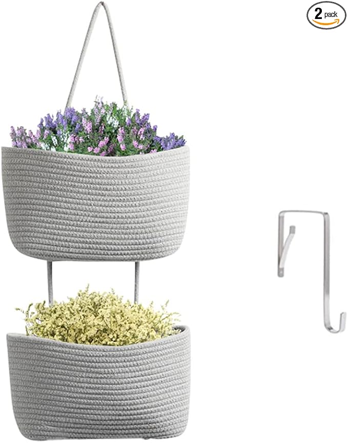 TeoKJ 2 Tier Over the Door Organizer, Wall-Mounted Storage Hanging Basket, Decorative Cotton Rope Hanging Baskets, Gray