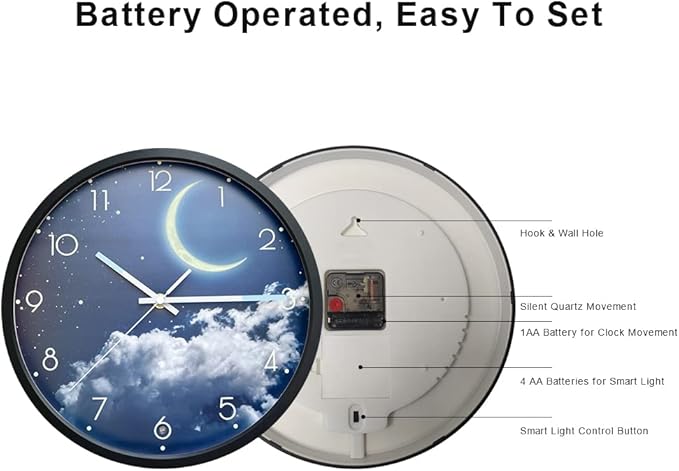OCEST 12 Inch Night Light Wall Clock for Bedroom, Silent Battery-Operated Wall Clock Glow in The Dark for Living Room/Kitchen, Large Digital Display Kids Birthday Present-Moon