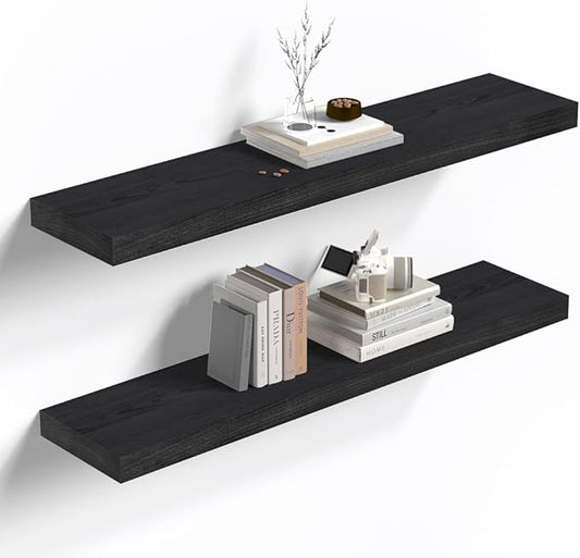 Habudda Floating Shelves, 35.5 Inches Wall Shelf for Rustic Home Decor, Bathroom, Bedroom, Kitchen, Natural Solid Wood, Invisible Bracket, 2 Pack