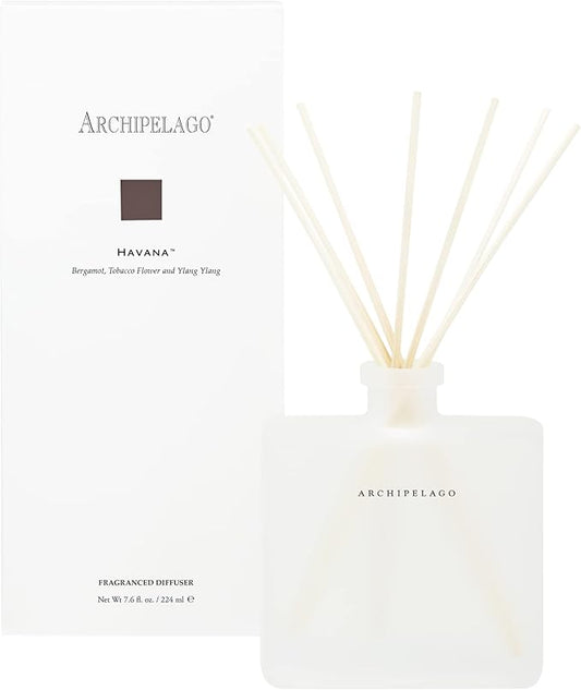 Archipelago Botanicals Havana Reed Diffuser, Home Fragrance Reed Diffuser, Includes Fragrance Oil, Frosted Glass Vessel & 10 Diffuser Reeds, Perfect for Home, Office or Gift, 7.6 Fl Oz