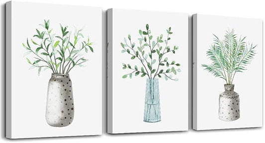 AHUASJART Canvas Wall Art Paintings For Kitchen Dining Room Family Wall Decor For Bedroom Wall Decoration For Living Room Office Decor Green Leaf Vase Wall Pictures Artwork For Home Walls 3 Piece