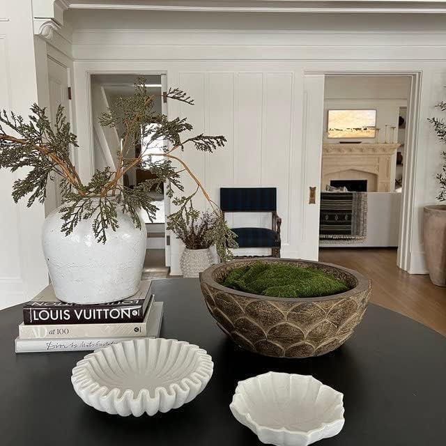 SWADESHI BLESSINGS HandCrafted Marble Ruffle Bowl/Antique Scallop Bowl/Fruit Bowl/Vintage Ring Dish/Decorative Flower Dish/HouseWarming Gift/Wedding Gifts/Urli (10 Inches)