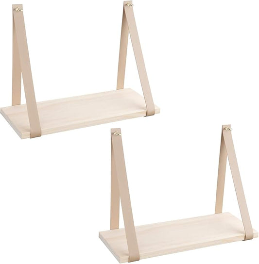 Leather Strap Wood Floating Wall Shelf Wooden Shleves Wall Organizer Wall Mount Shelf Home Decor Kitchen Living Room Bedroom（Beige Set of 2）