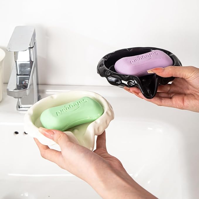 Ceramic Soap Dishes with Drain Spout, Modern Bathroom Countertop Soap Holder, Porcelain Soap Tray for Sink, Black.