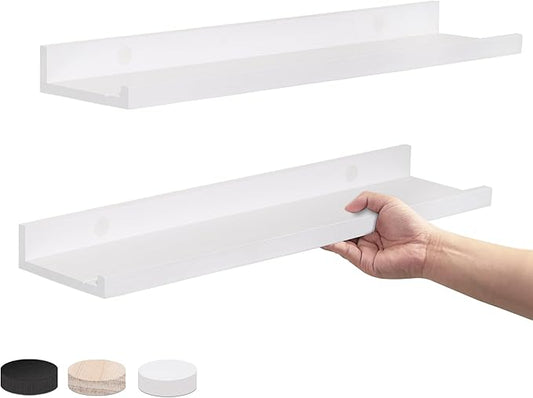 White Floating Shelves for Wall, 24 Inch Wall Mounted Shelf for Bedroom, Picture Ledge Shelf Pine Wood, Photo Shelves Set of 2, Nursery Book Shelves for Laundry Room Living Room kIitchen Bathroom